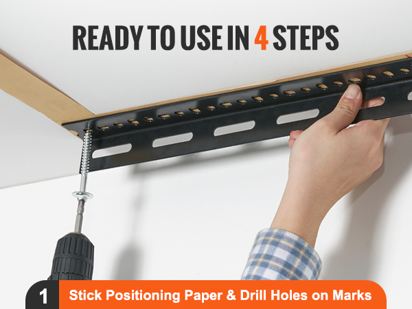 installing VEVOR garage storage rack using a drill, following step 1 guidelines. ready in 4 steps.
