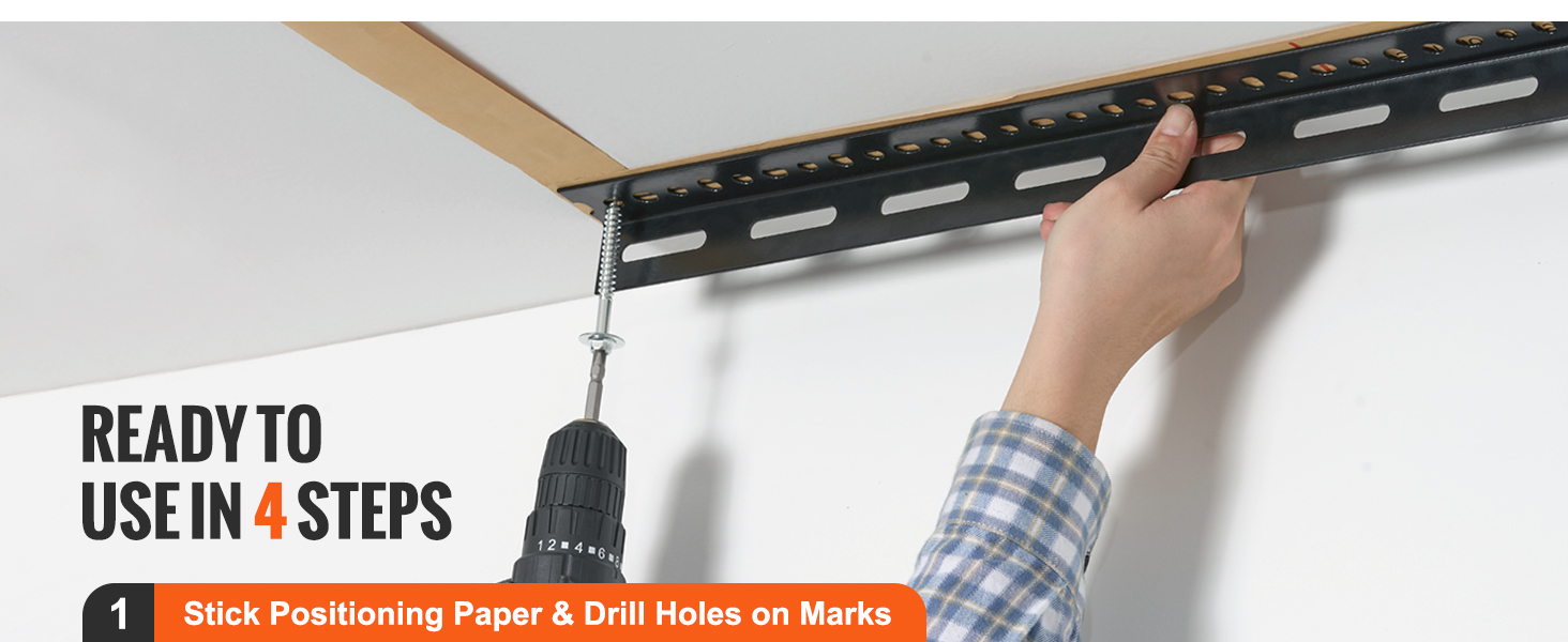 installing VEVOR garage storage rack using a drill, following step 1 guidelines. ready in 4 steps.