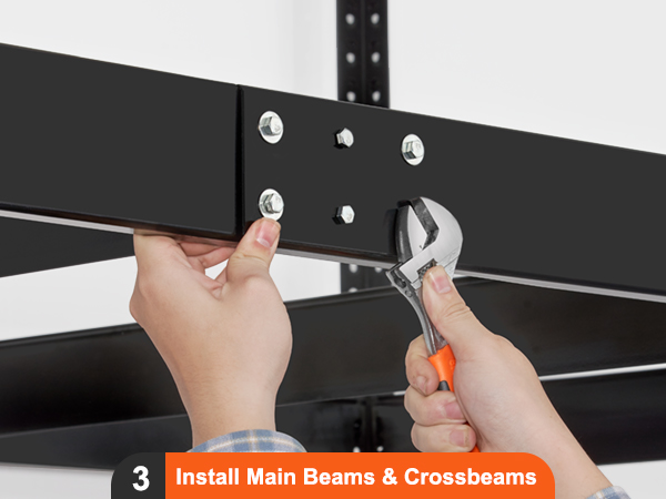 installing main beams and crossbeams for VEVOR garage storage rack with a wrench.