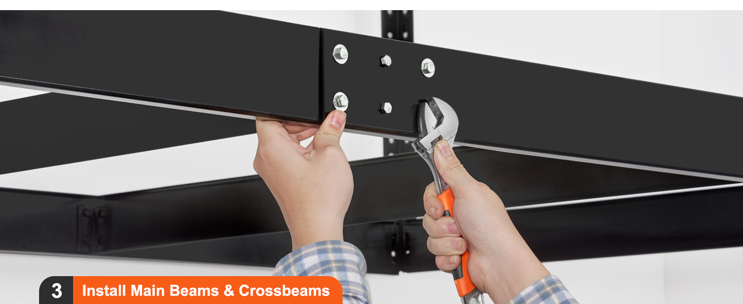 installing main beams and crossbeams for VEVOR garage storage rack with a wrench.