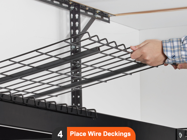 hands installing wire decking on a VEVOR garage storage rack, showcasing step 4 in the process.