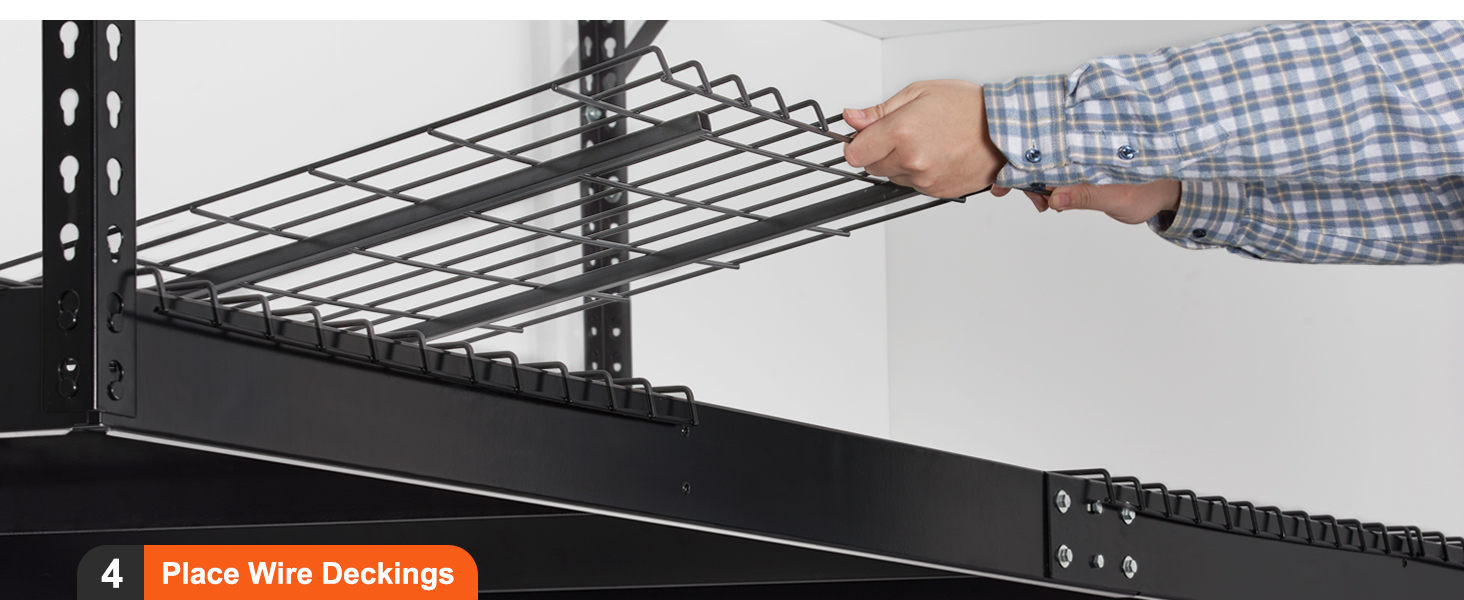 hands installing wire decking on a VEVOR garage storage rack, showcasing step 4 in the process.