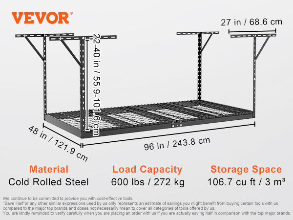 VEVOR garage storage rack with 600 lbs load capacity, 106.7 cu ft storage, and cold rolled steel material.