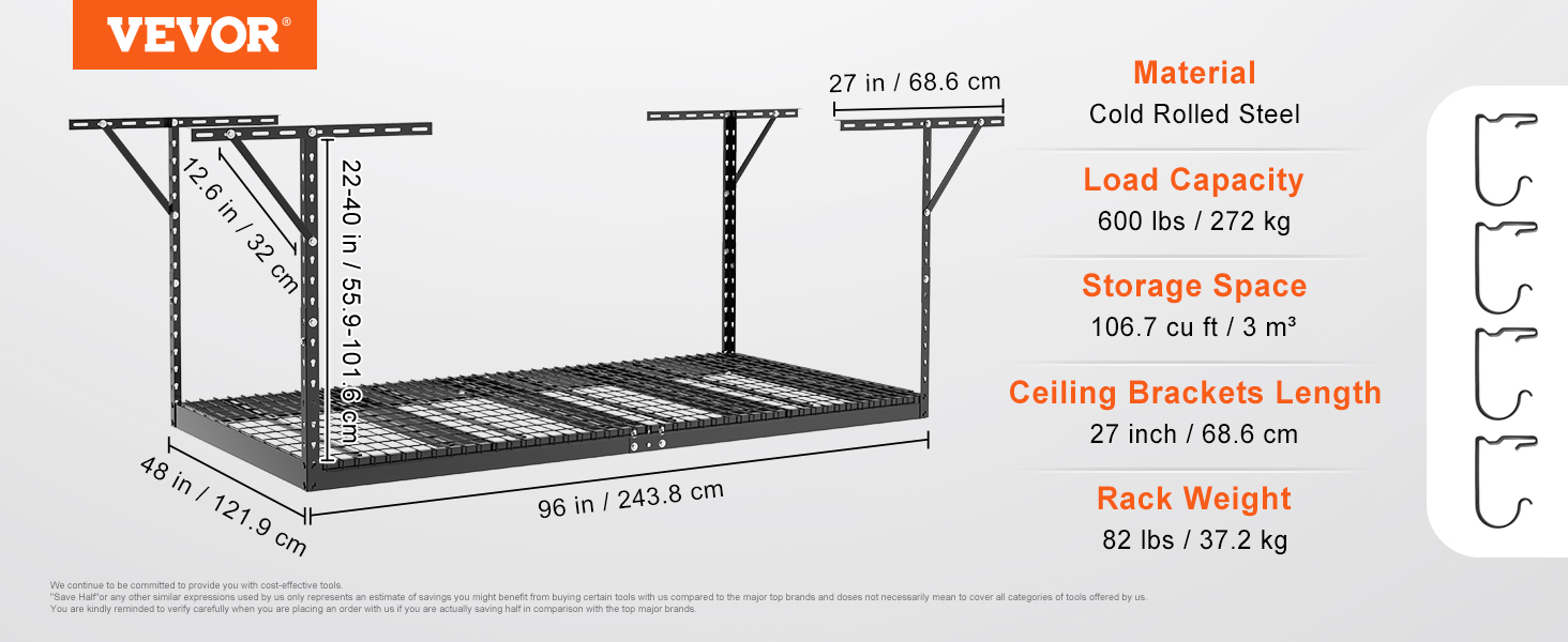 VEVOR garage storage rack with 600 lbs load capacity, 106.7 cu ft storage, and cold rolled steel material.