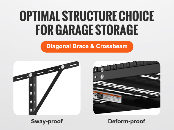 VEVOR garage storage rack with 600lbs load capacity, featuring a diagonal brace and crossbeam design.