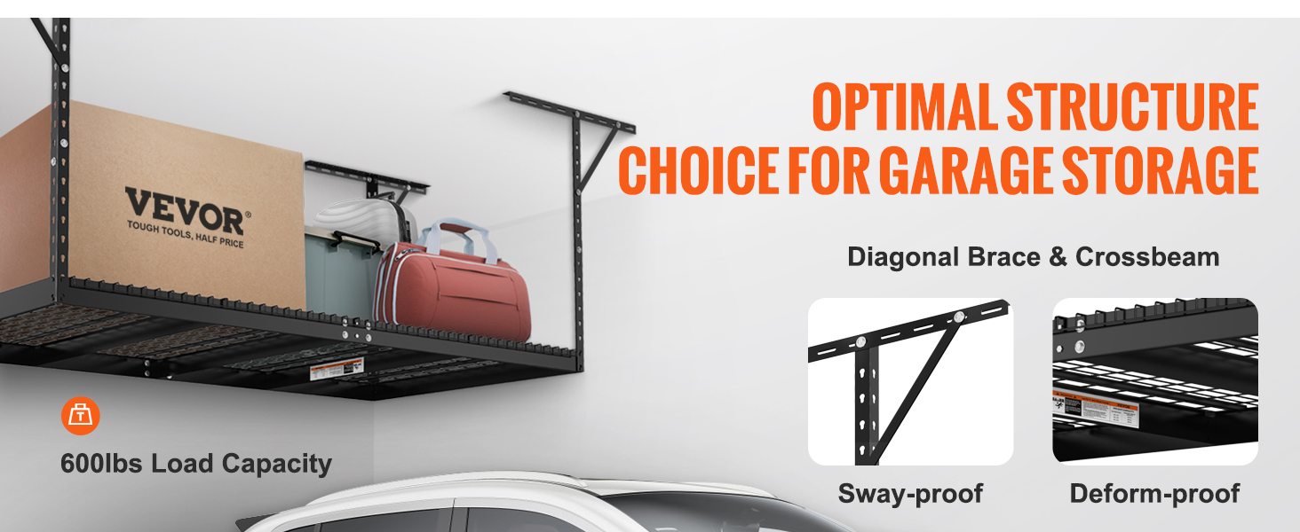 VEVOR garage storage rack with 600lbs load capacity, featuring a diagonal brace and crossbeam design.