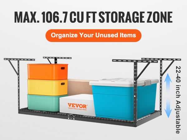 VEVOR garage storage rack adjustable up to 40 inches, organizing various colored bins and boxes.