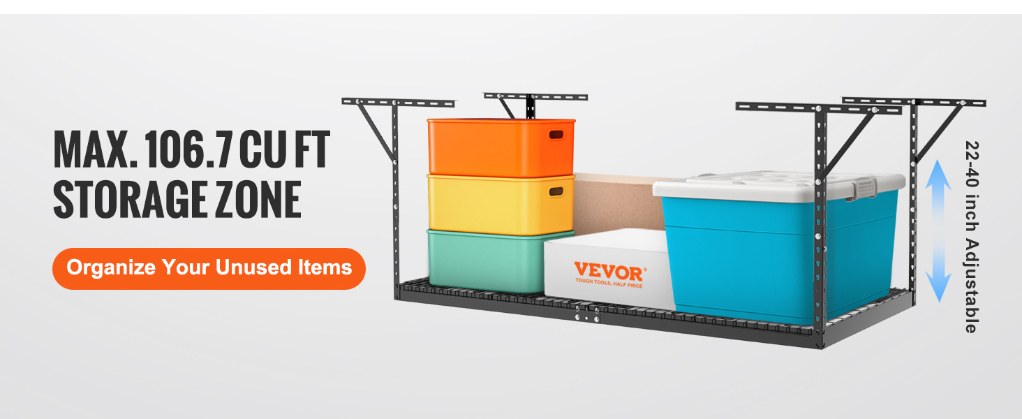 VEVOR garage storage rack adjustable up to 40 inches, organizing various colored bins and boxes.
