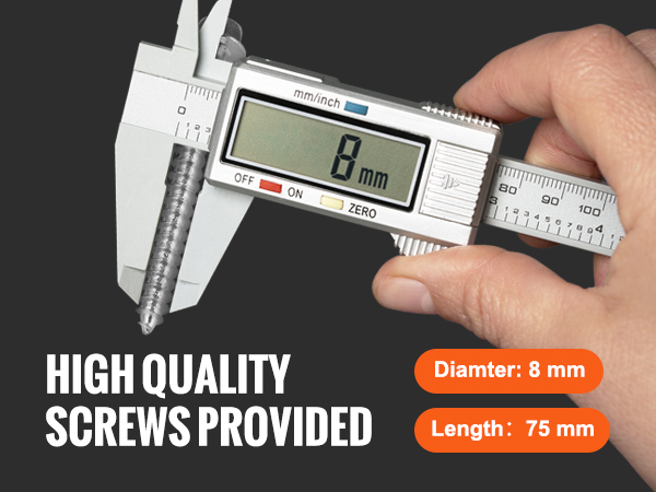 hand measuring screw dimensions for VEVOR garage storage rack, 8mm, 75mm length, high-quality screws included.