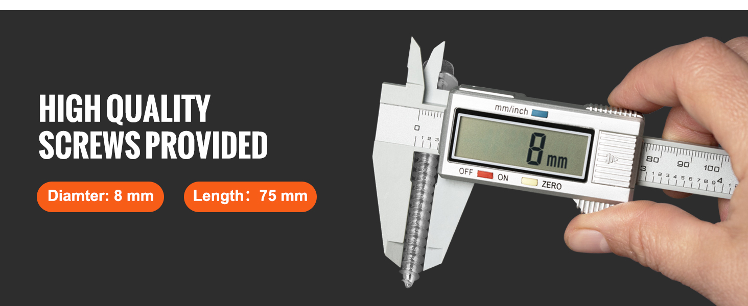 hand measuring screw dimensions for VEVOR garage storage rack, 8mm, 75mm length, high-quality screws included.