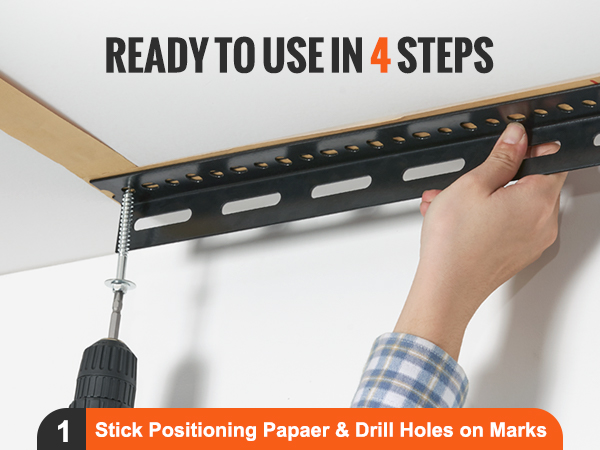 installing VEVOR garage storage rack, step-by-step guide with drill and mounting bracket.