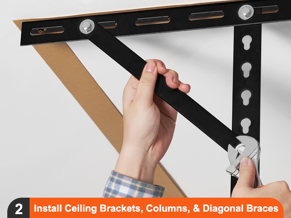 hand installing ceiling brackets with a wrench for VEVOR garage storage rack.