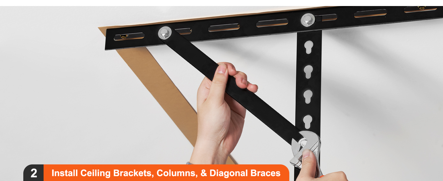 hand installing ceiling brackets with a wrench for VEVOR garage storage rack.