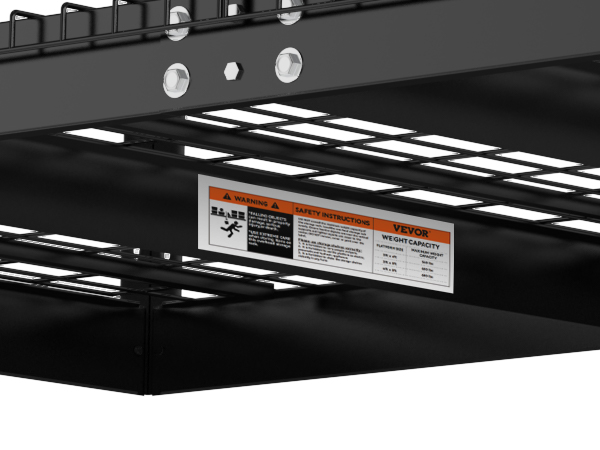 black VEVOR garage storage rack with safety label and weight capacity details under mesh shelf.