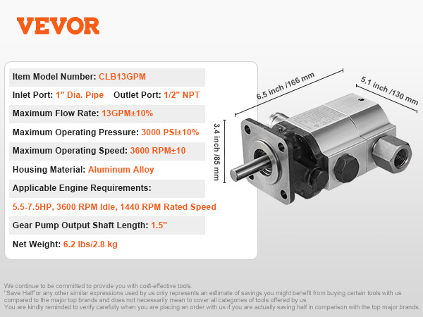 VEVOR hydraulic wood splitter pump with aluminum alloy housing and 13gpm flow rate.