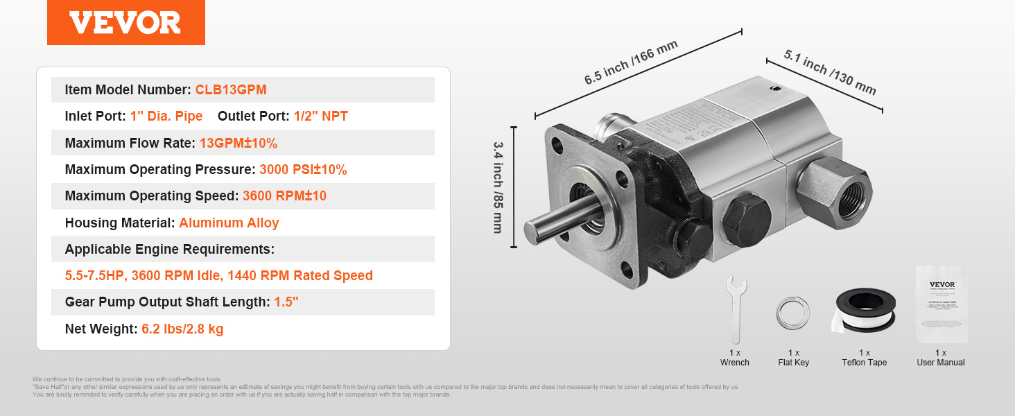 VEVOR hydraulic wood splitter pump with aluminum alloy housing and 13gpm flow rate.