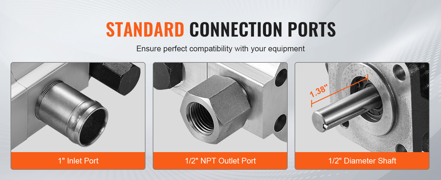 VEVOR hydraulic wood splitter pump standard connection ports: 1" inlet, 1/2" outlet, 1/2" shaft.