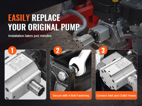 easily install VEVOR hydraulic wood splitter pump with 4-bolt fastening and hose connection.