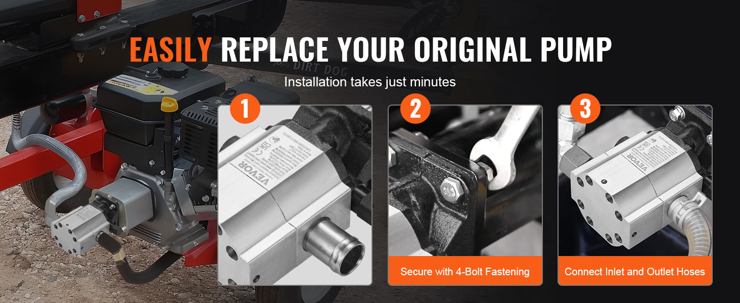 easily install VEVOR hydraulic wood splitter pump with 4-bolt fastening and hose connection.