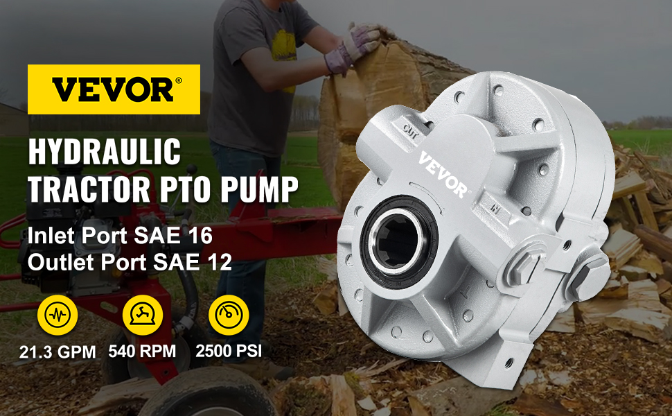 VEVOR hydraulic pump for tractors, depicting inlet and outlet ports with specs.