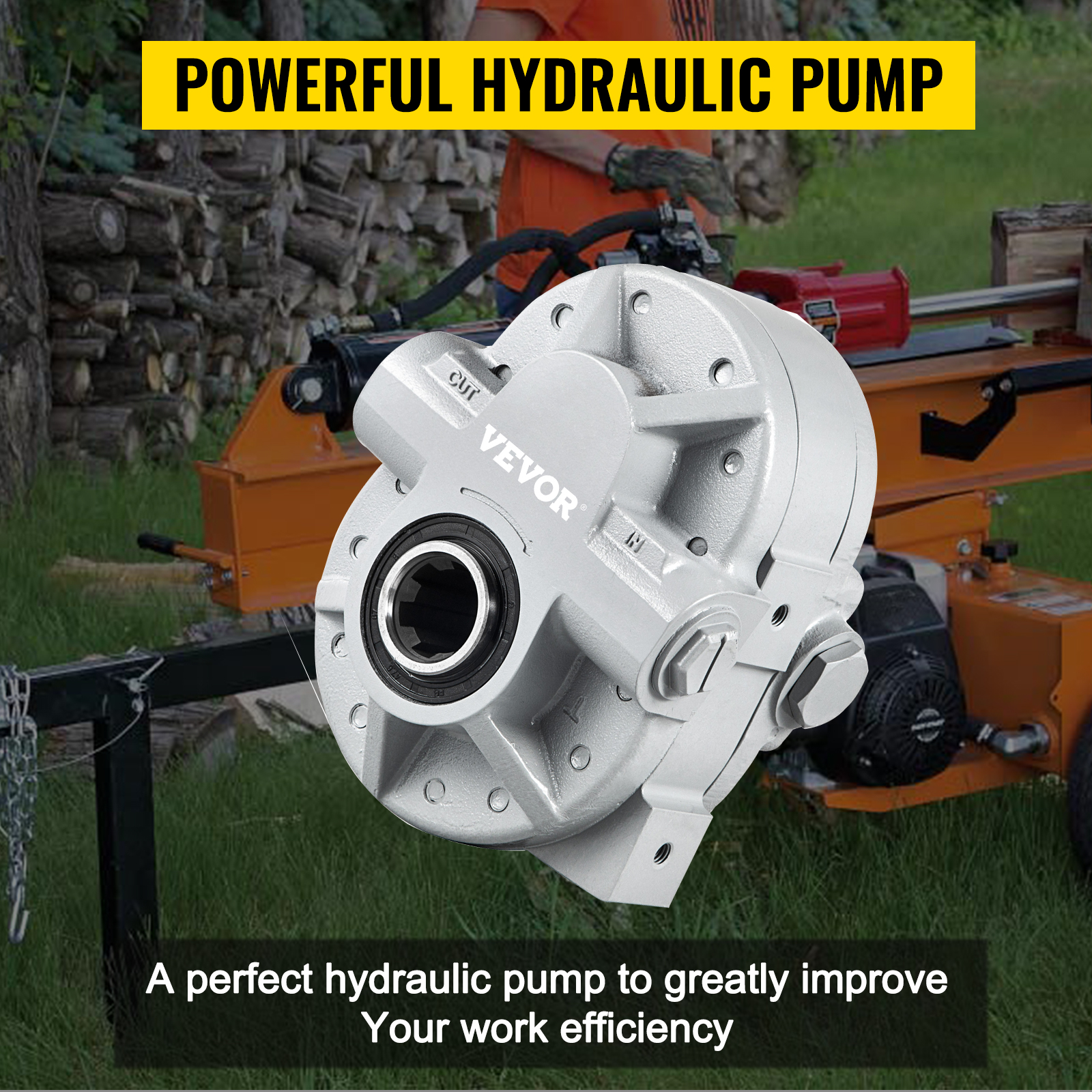 VEVOR hydraulic pump in a forest setting boosting work efficiency.