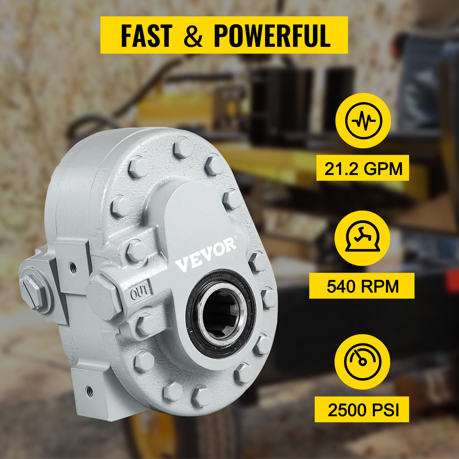 VEVOR hydraulic pump: 21.2 gpm, 540 rpm, 2500 psi. fast & powerful design.