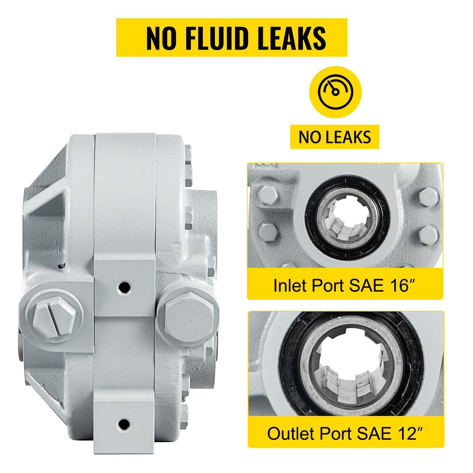 VEVOR hydraulic pump with no fluid leaks, sae 16" inlet port, sae 12" outlet port.
