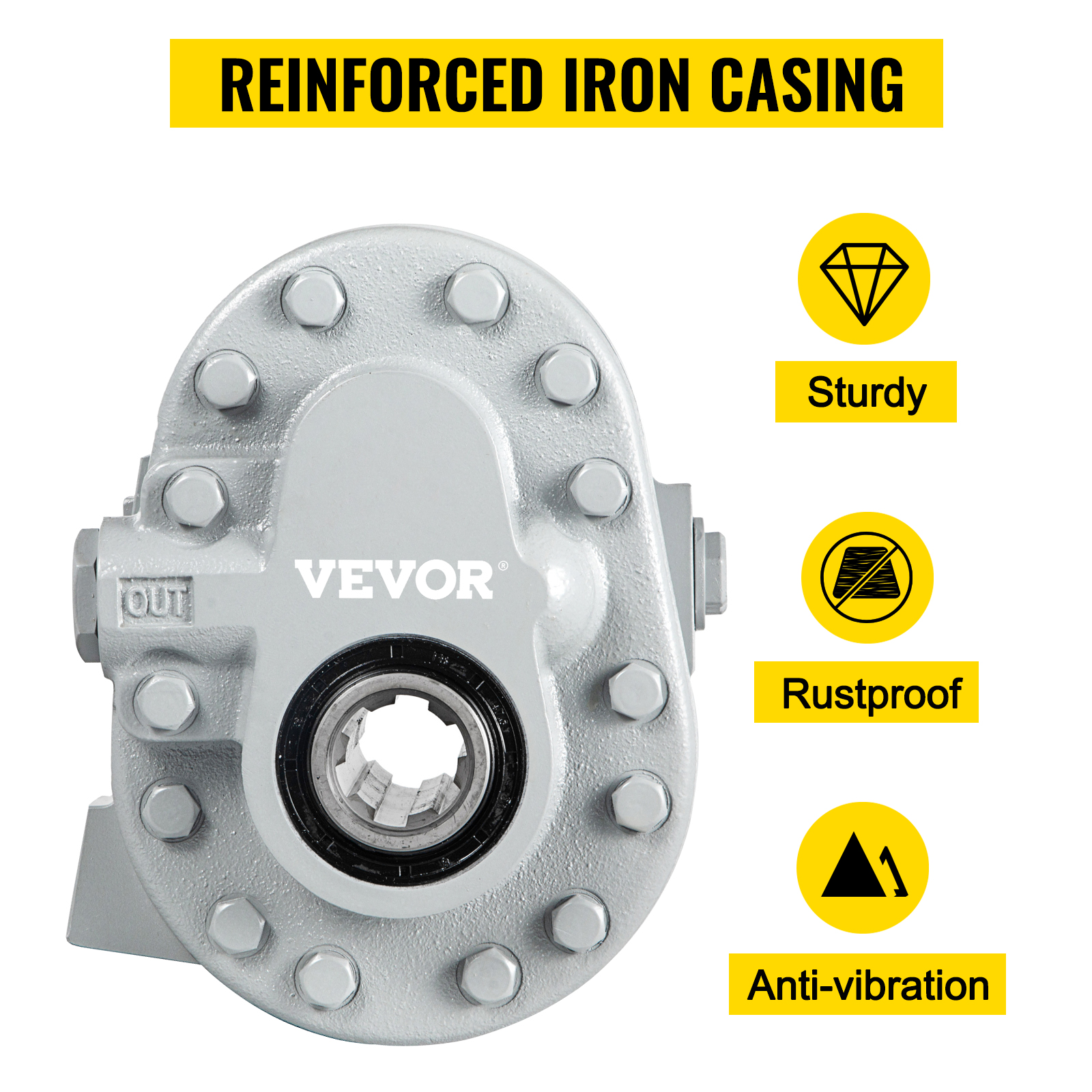 VEVOR hydraulic pump with reinforced iron casing, rustproof, sturdy, anti-vibration design.