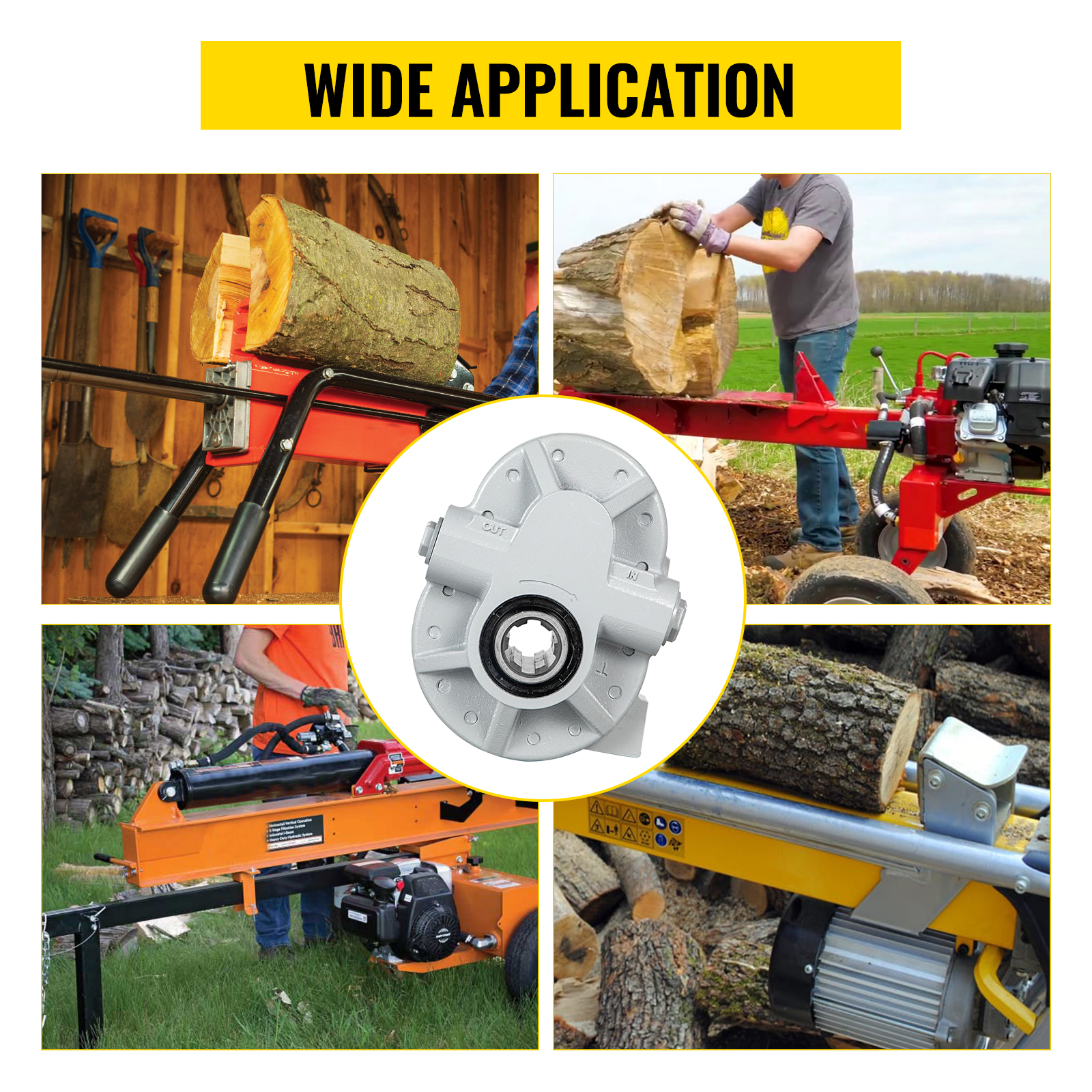 VEVOR hydraulic pump with wide application in wood log splitters, various outdoor settings.
