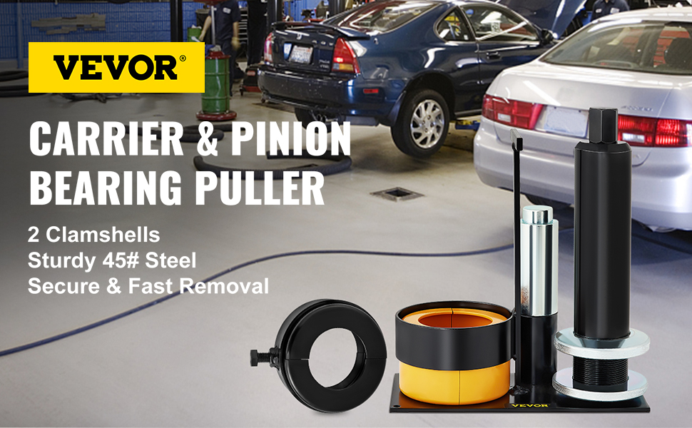 VEVOR pinion bearing puller in an auto shop with tool parts displayed in the foreground.