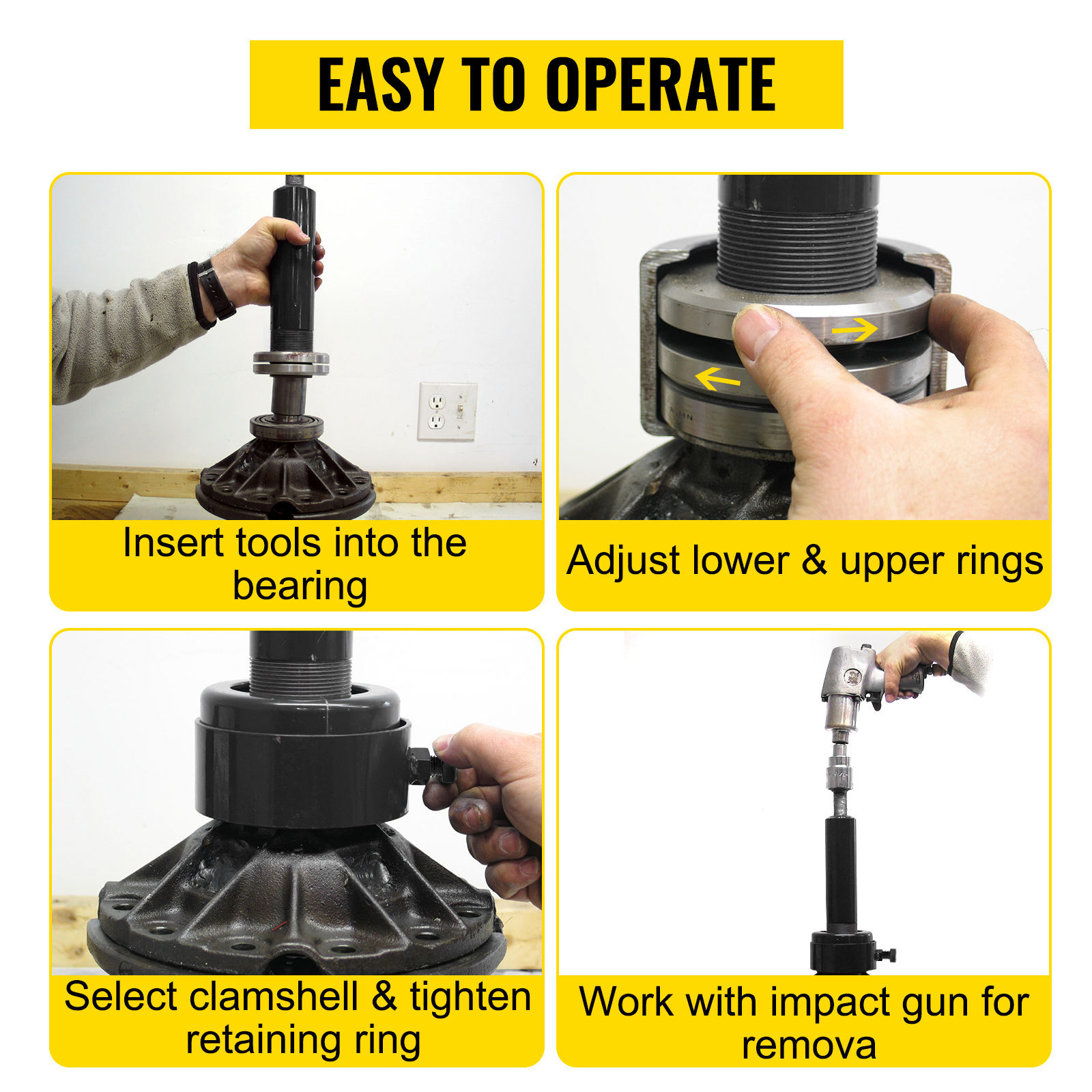 VEVOR pinion bearing puller in use, easy to operate, four-step instructions.