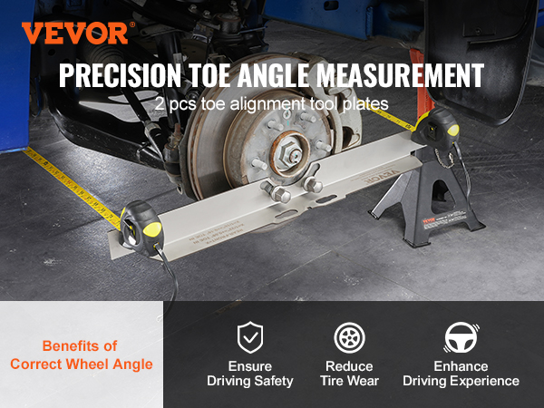 VEVOR wheel alignment tool measuring toe angle on a wheel with benefits of correct wheel angle displayed.