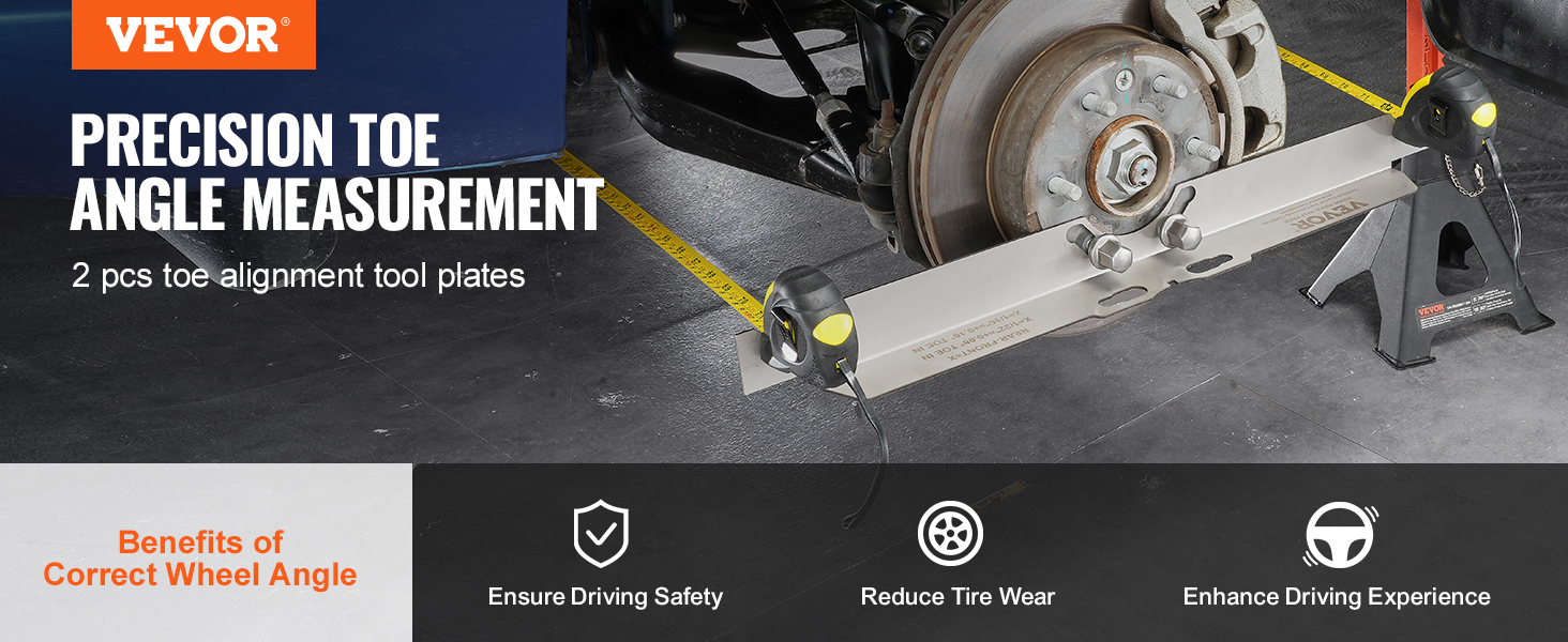 VEVOR wheel alignment tool measuring toe angle on a wheel with benefits of correct wheel angle displayed.