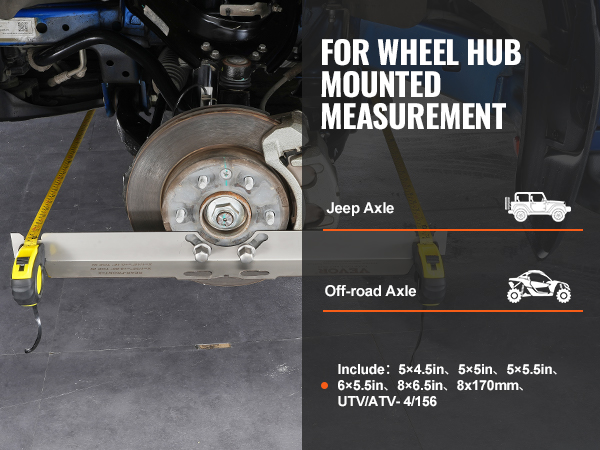 VEVOR wheel alignment tool measuring the distance between wheel hubs on a vehicle axle.