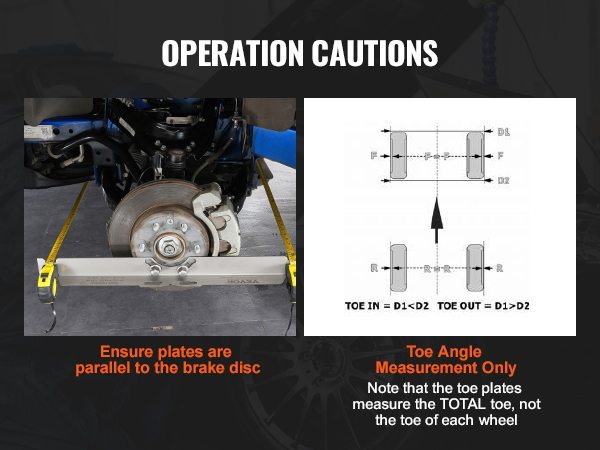 VEVOR wheel alignment tool in use with toe angle measurements and brake disc alignment cautions.