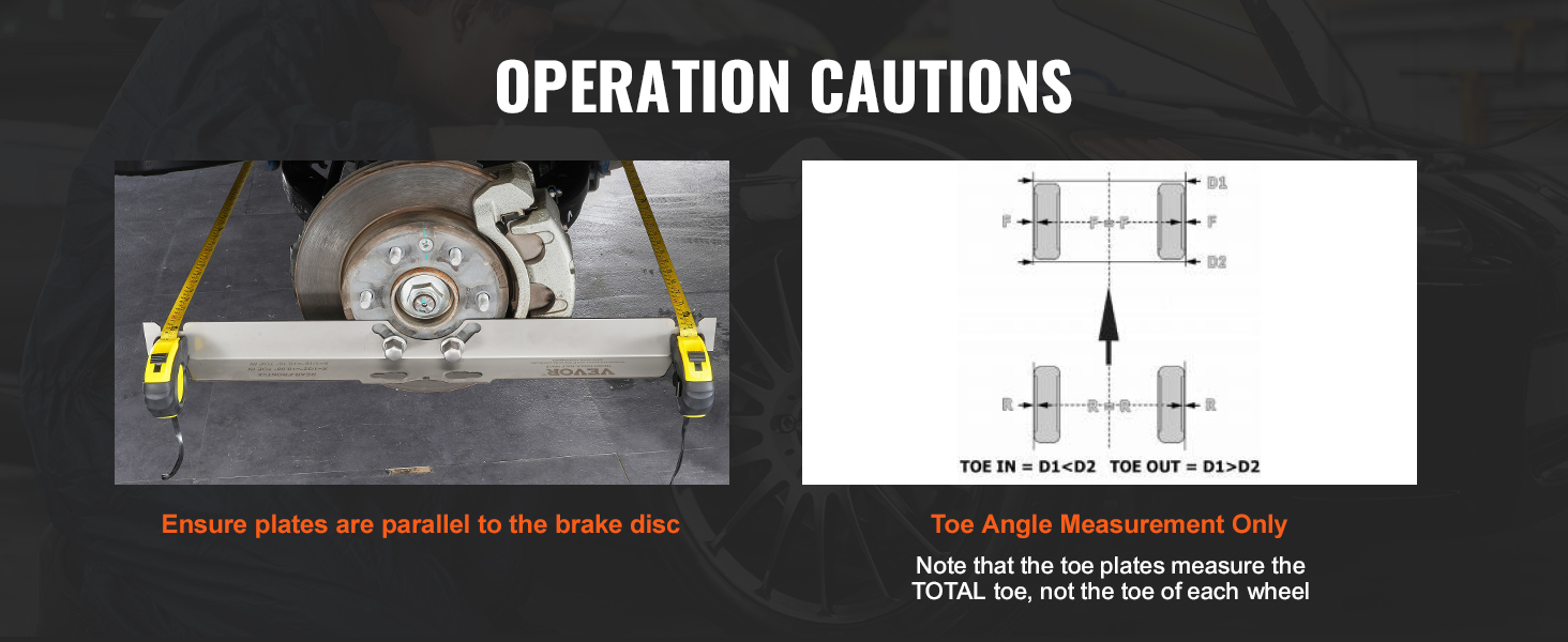 VEVOR wheel alignment tool in use with toe angle measurements and brake disc alignment cautions.