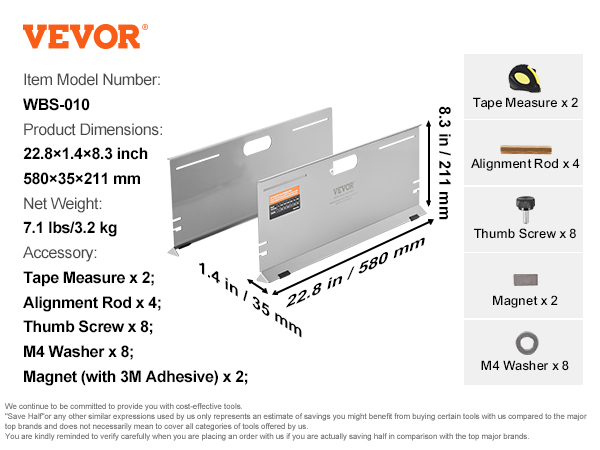 VEVOR wheel alignment tool, model wbs-010, dimensions 580×35×211 mm with accessories; tape measure, alignment rod,