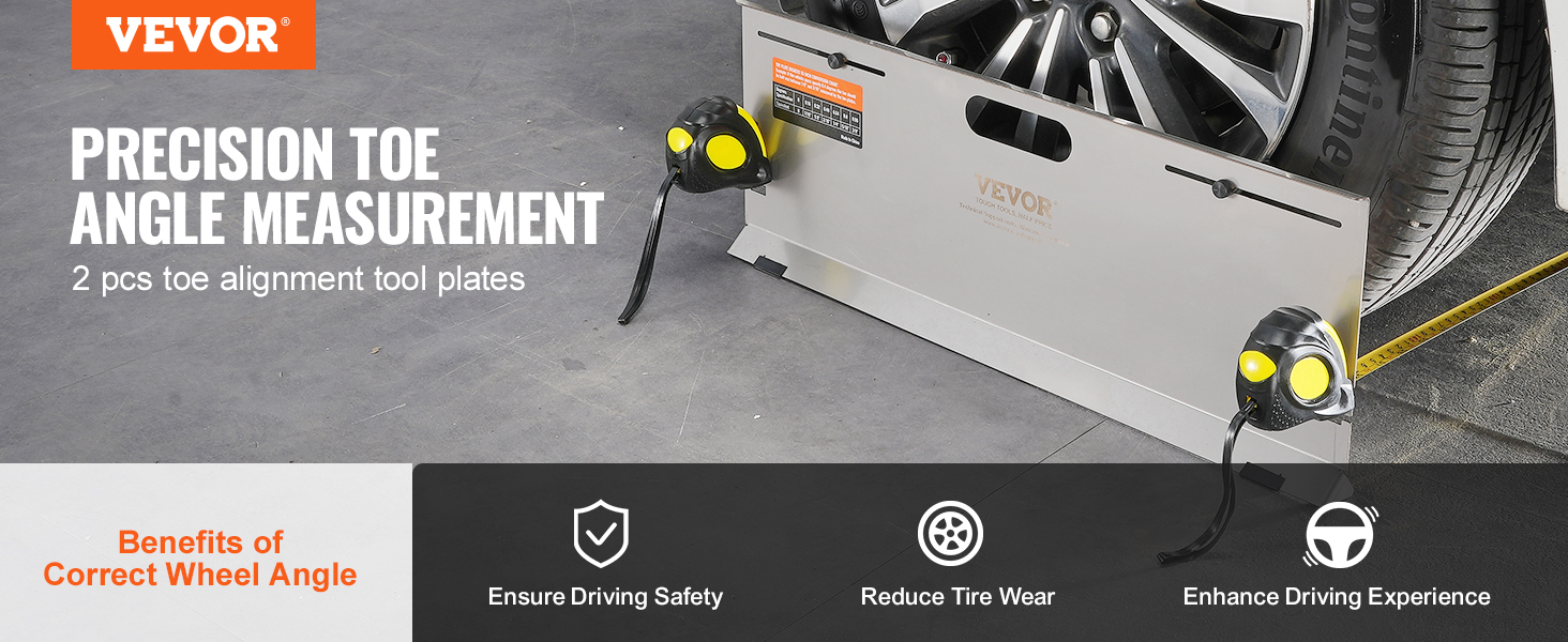 VEVOR wheel alignment tool displaying precision toe angle measurement for improved driving safety.