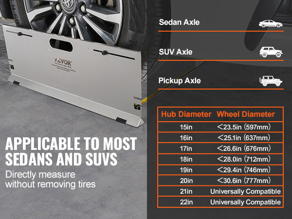 VEVOR wheel alignment tool for sedans and suvs, measures hub and wheel diameter without removing tires.