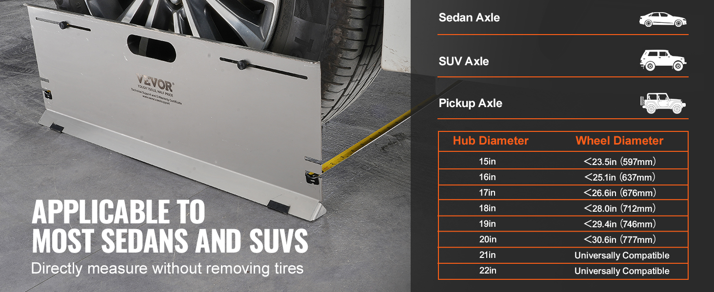 VEVOR wheel alignment tool for sedans and suvs, measures hub and wheel diameter without removing tires.