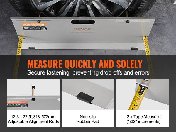 VEVOR wheel alignment tool with adjustable rods, non-slip pad, and tape measures for precise measurements.
