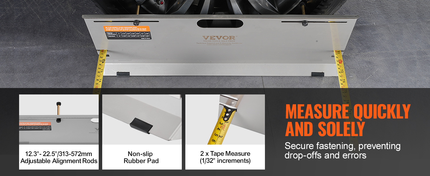 VEVOR wheel alignment tool with adjustable rods, non-slip pad, and tape measures for precise measurements.