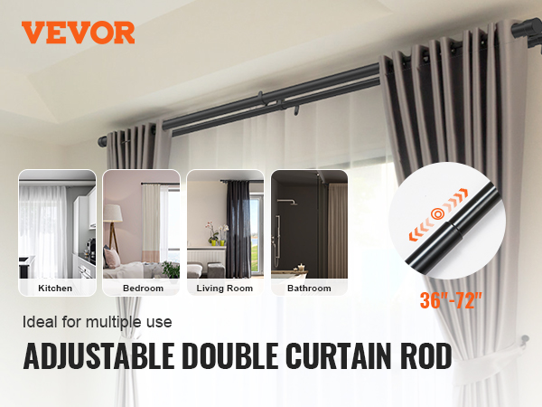 VEVOR adjustable double curtain rod for kitchen, bedroom, living room, and bathroom; extends 36"-72".