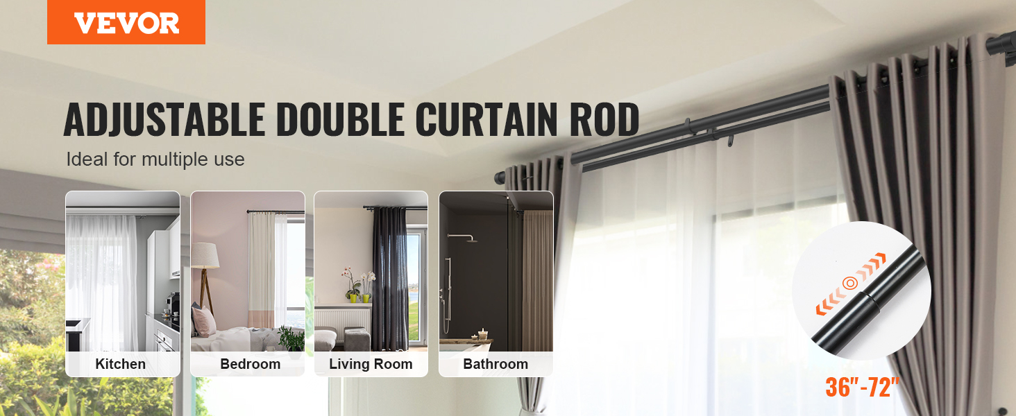 VEVOR adjustable double curtain rod for kitchen, bedroom, living room, and bathroom; extends 36"-72".