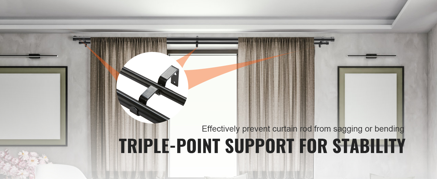 triple-point support VEVOR curtain rods for stability and prevention of sagging in modern living room.