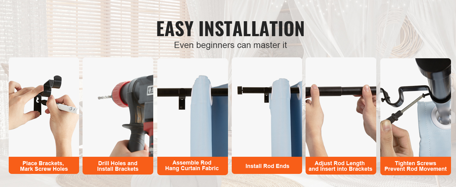 easy installation process for VEVOR curtain rods with steps from placing brackets to final adjustments.