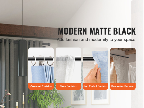 modern matte black VEVOR curtain rods with grommet, strap, rod pocket, and decorative curtains.
