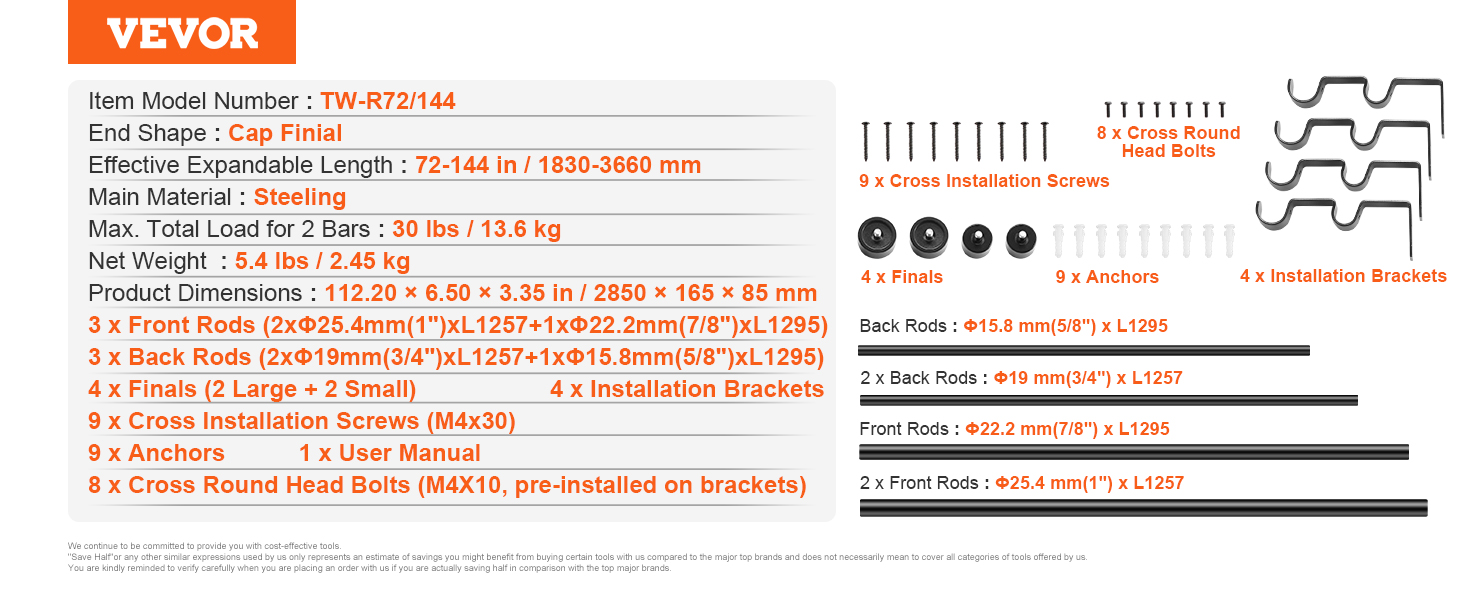 VEVOR curtain rods set, including installation brackets, finials, screws, anchors, and expandable rods.