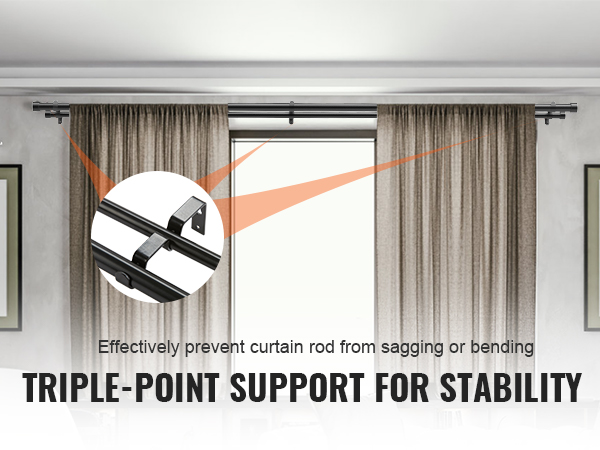 triple-point support VEVOR curtain rods prevent sagging, featuring a sturdy design for enhanced stability.