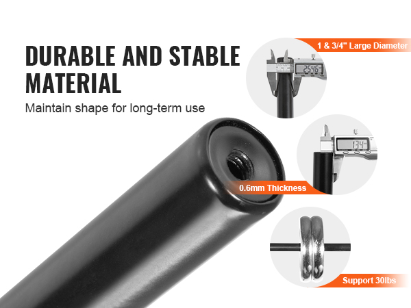 durable and stable VEVOR curtain rods, 1.75" diameter, 0.6mm thickness, support 30lbs, long-term use.